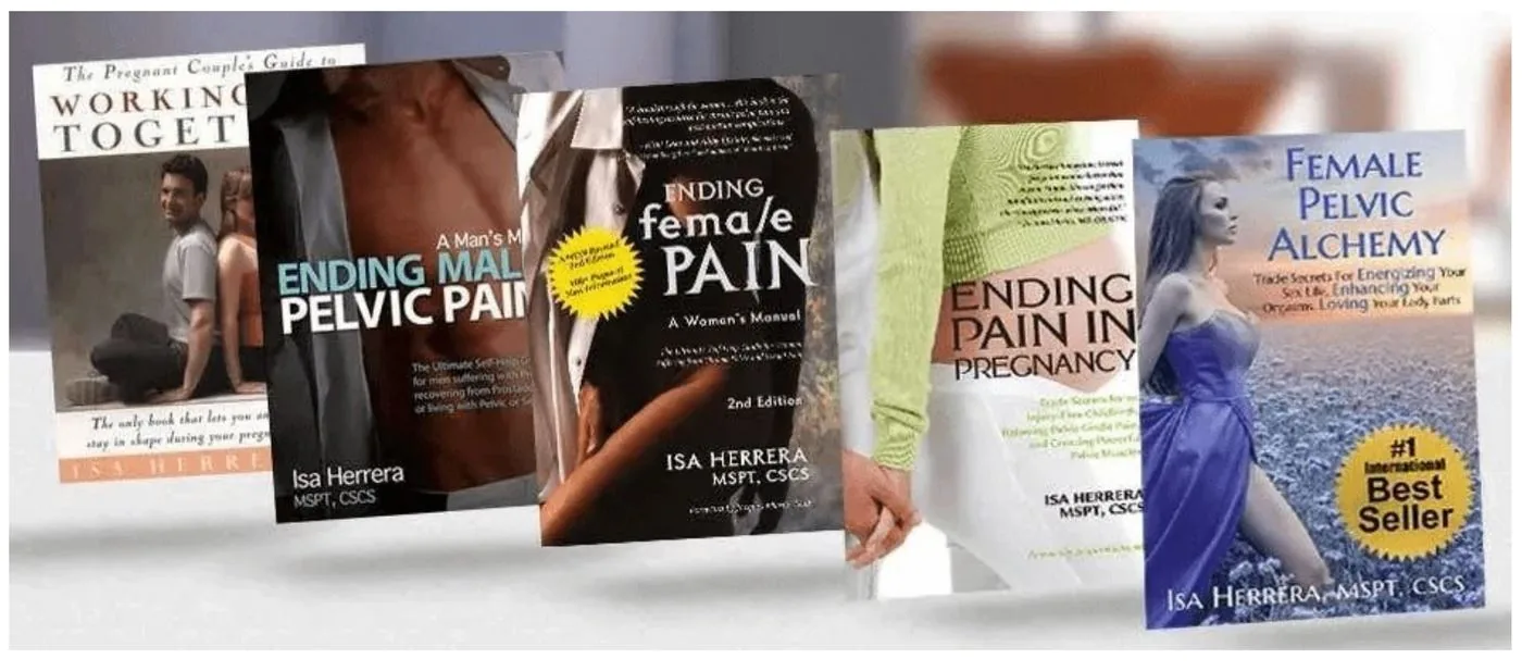 The five books by Isa Herrera fanned out on a light surface, showing the covers of Female Pelvic Alchemy, Ending Female Pain and three more titles.