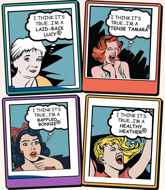 Four pop art comic panels, each a different woman on a teal ground with a thought bubble naming her type.