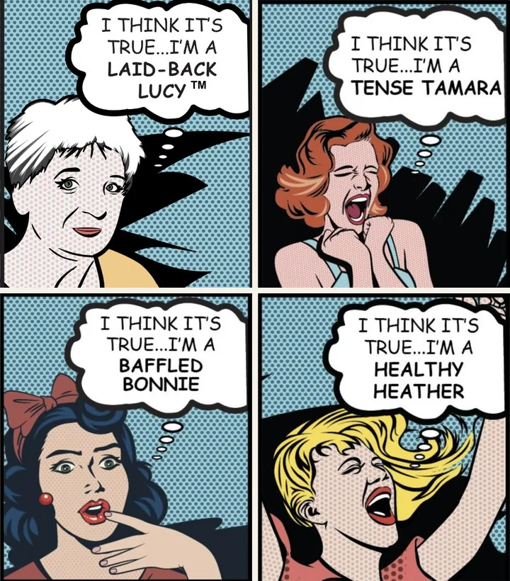 A four-panel comic naming Baffled Bonnie, Laid-Back Lucy, Tense Tamara and Healthy Heather, the four V-Types.